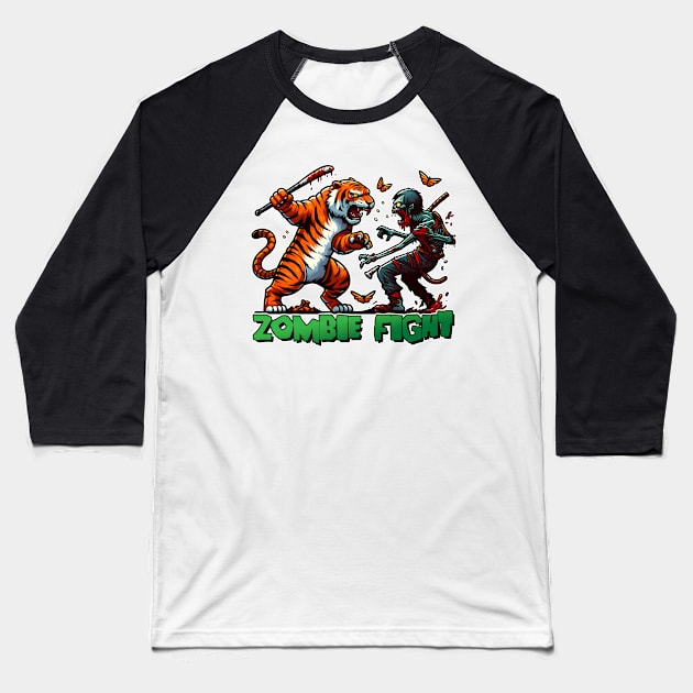 Tiger vs Zombie Fight Baseball T-Shirt by Rawlifegraphic